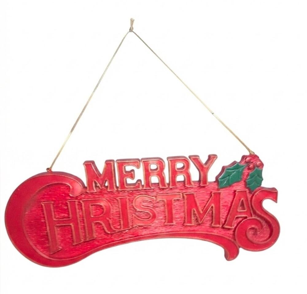 Vintage Merry Christmas Plastic Mold Hanging Sign Red/Gold & Holly 15"X6"